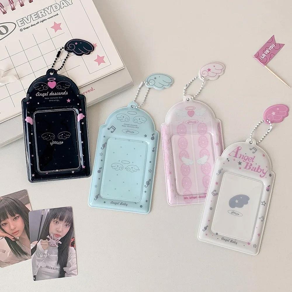 Cute PVC Photocard Holder Keychain Cartoon Angel Wings Photo Frame Hanging Decoration ID Badge Holder for Student Girls