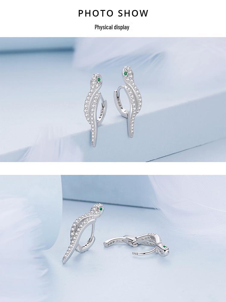 Sterling Silver S925 Snake Earrings with Platinum-Plated Zircon (Model: BSE669)