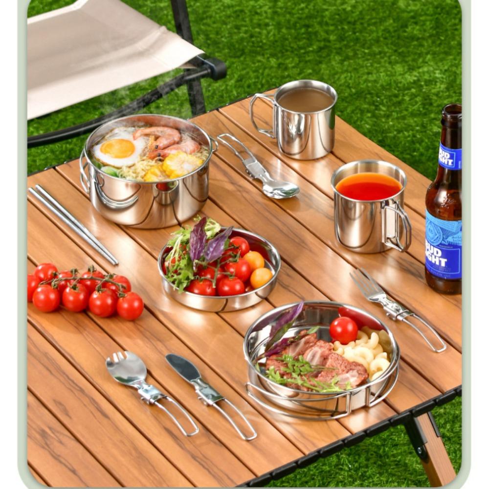 12PCS Adventure Camp Cook Set Camping Pots and Pans Family Cookset Non-toxic 304 Stainless Steel Kitchenware Set Foldable