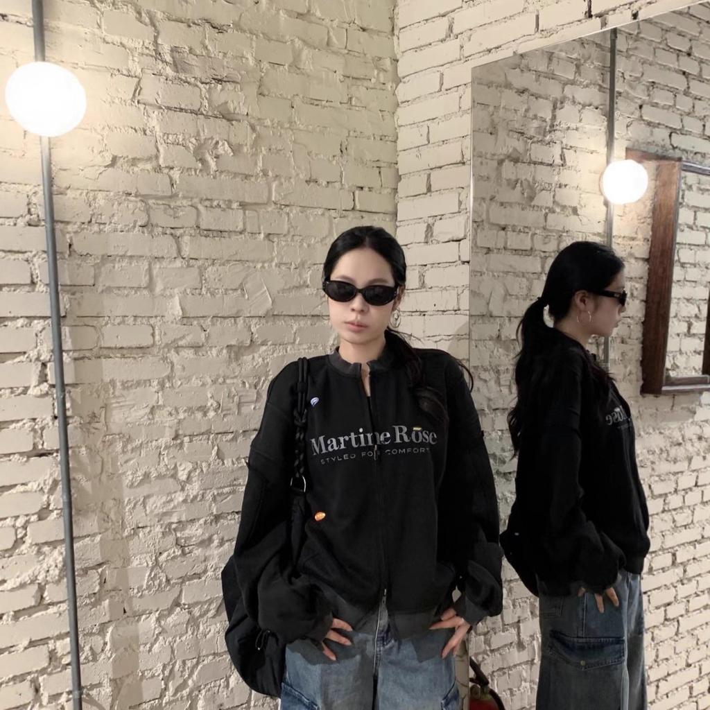 Martine Rose Washed Vintage Slogan Jacket - Trendy Loose Outerwear with Sticker Print and Zipper