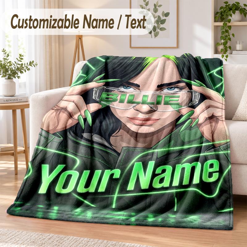 Billie Eilish Custom Name Flannel Throw Blanket Soft Warm for Sofa Bed Indoor Home Use