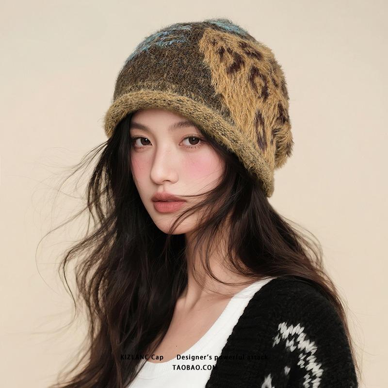 Spring and Autumn Warm Retro Pulled Leopard Print Versatile Big Head Circumference Pile Hat Woman
