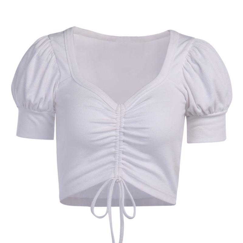 Sexy V Neck Drawstring Ruched Crop Top Short Sleeve Ribbed Summer Top