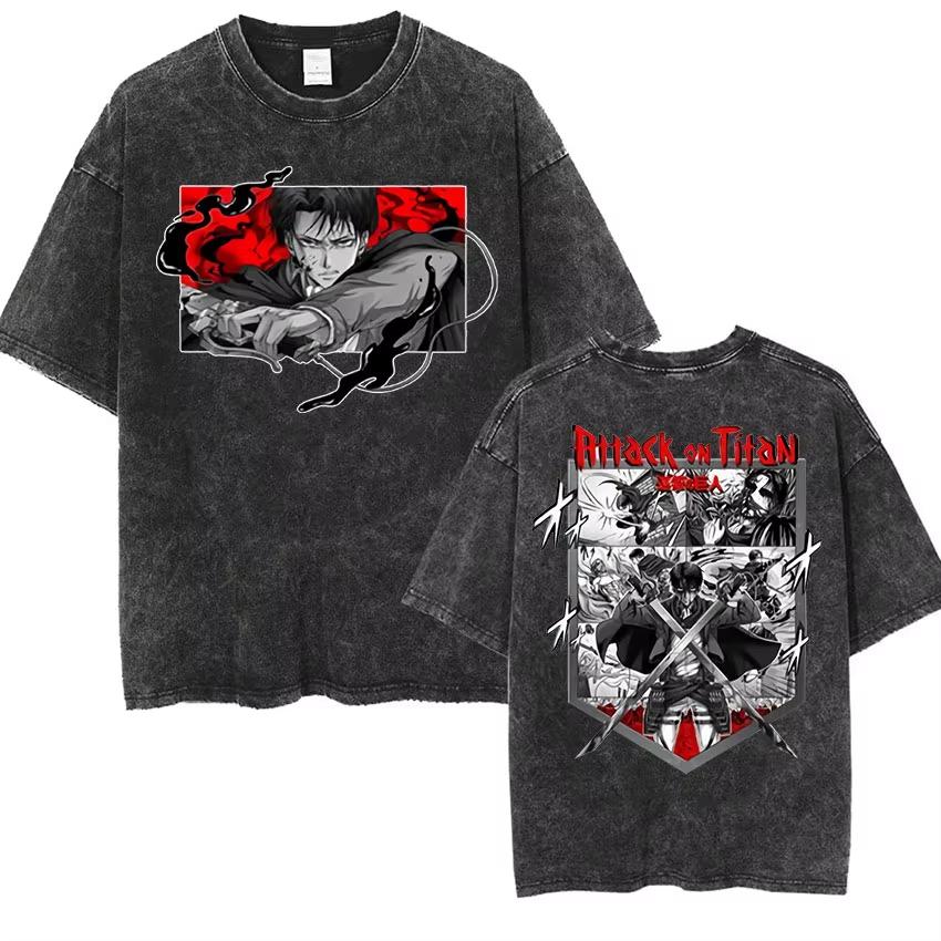 Anime Attack Titan Retro Unisexs Wash Tshirt  Summer cotton Oversized pattern Short sleeve  popular comfortable shirt M