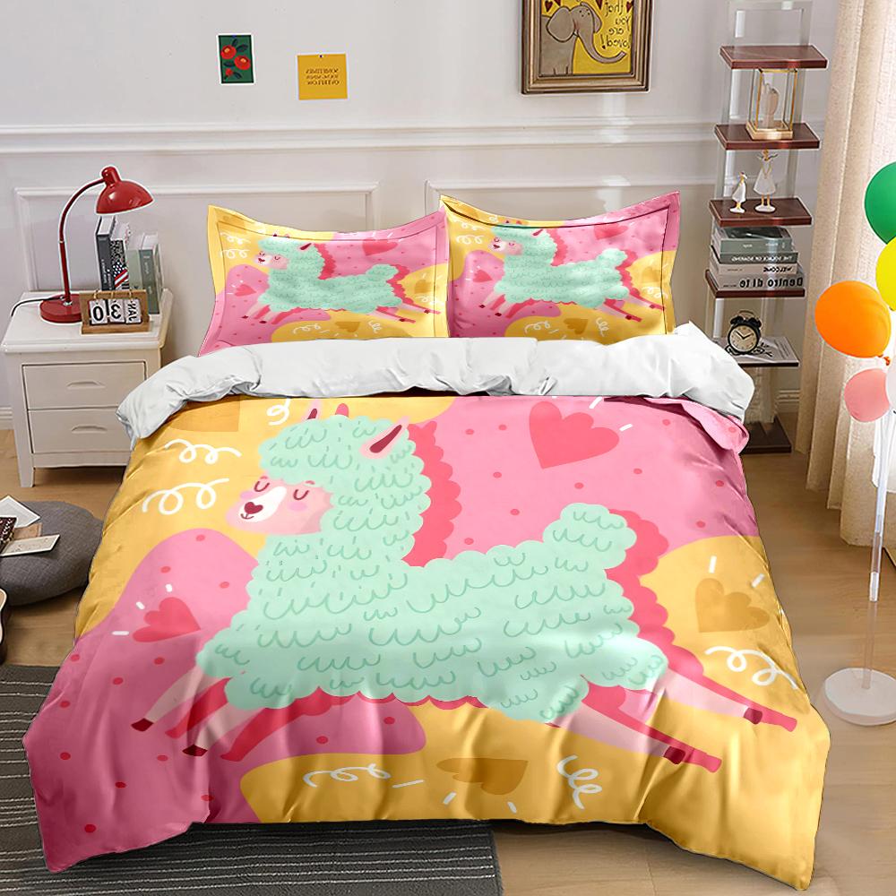Cute Alpaca Warm-Colored Background Bedding Set For Kids Luxury Gift 3Pc Digital Print Comforter Set Soft Comfortable Breathable