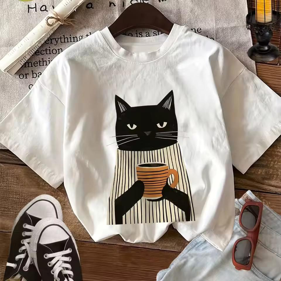 Black Cat with Coffee Cup Graphic Men Women T‑Shirt Retro Art Illustration Print Crew Neck Cotton Short Sleeve Casual Street Top