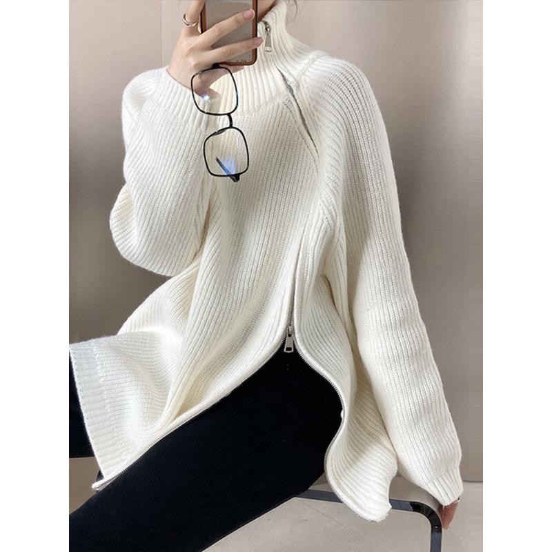 Lazy Style High Neck Zipper Solid Color High-end Knitted Sweater for Outerwear, Loose Long Sleeved Warm Top for Outerwear