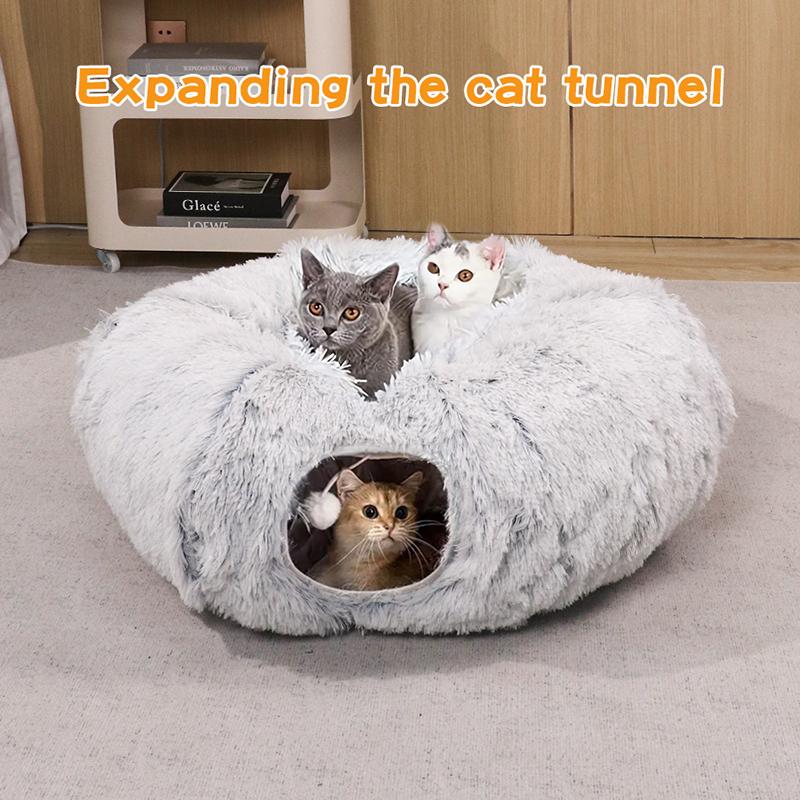 2-In-1 Foldable Warm Plush Cat Bed Donut Shaped Indoor Playing Sleeping Integrated Expand Cat Tunnel Playful Kittens Accessories
