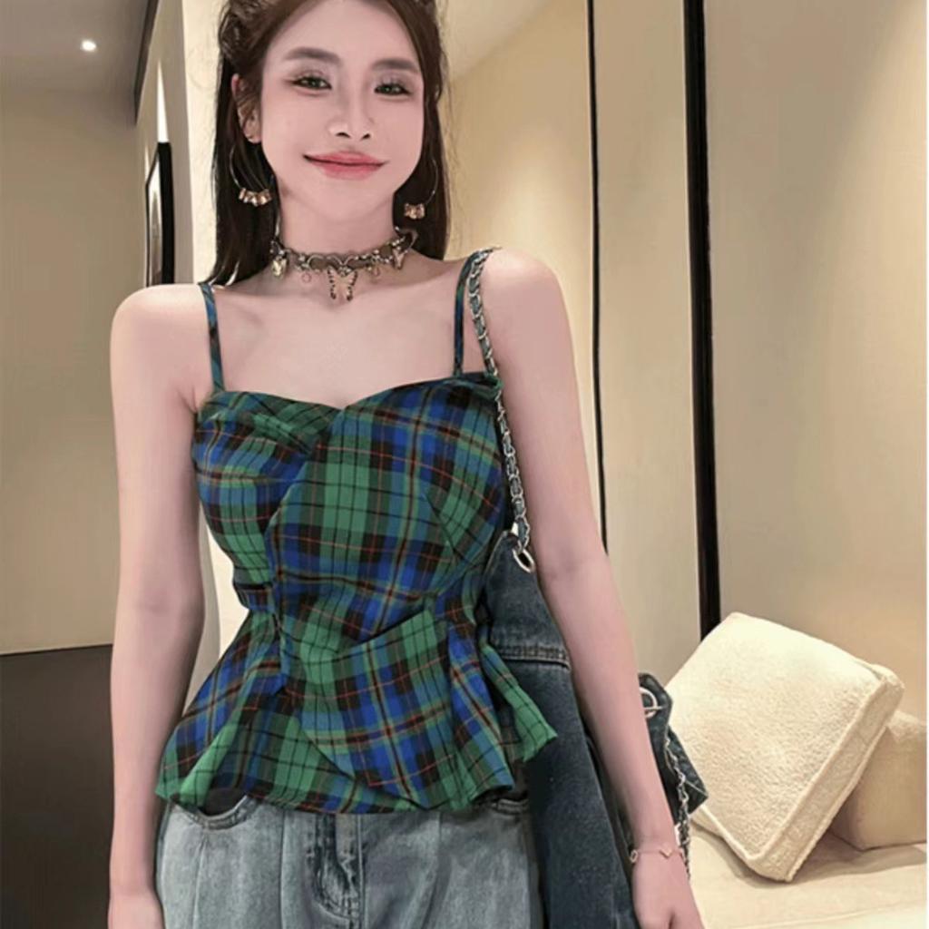 Summer Korean Version of Fashion Hottie Slim and Thin Contrasting Color Plaid Sling Vest Pure Lust Sexy Versatile Top Women
