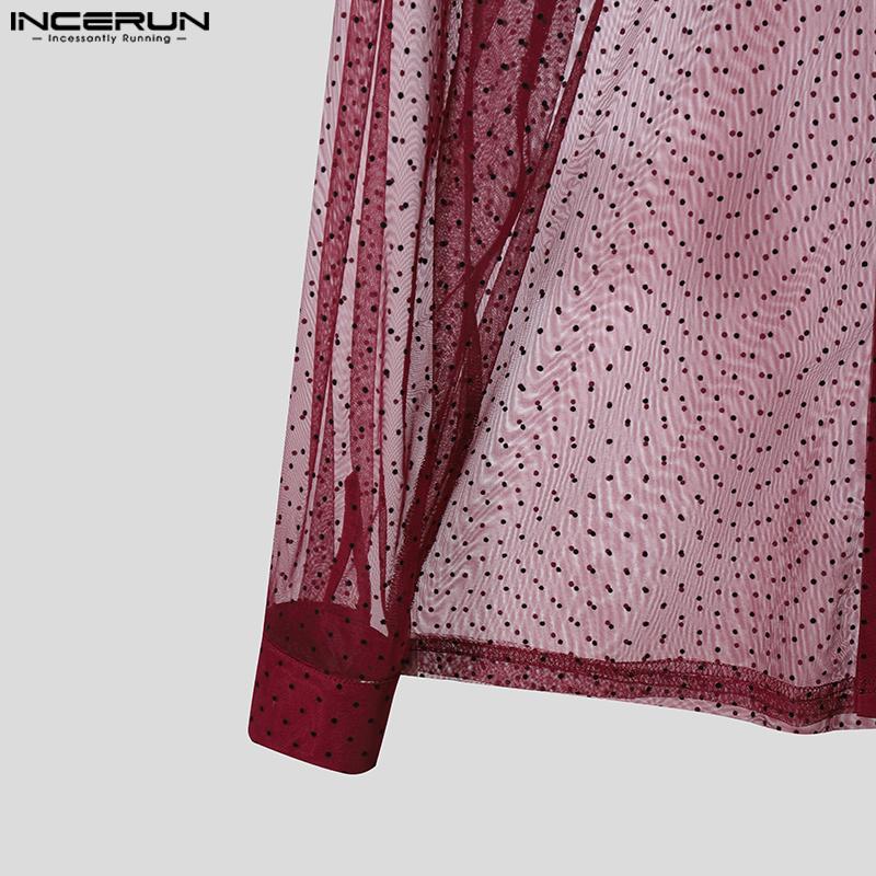 INCERUN Men Lapel Neck Long Sleeve Mesh Sheer Polka Dots Shirts