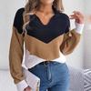 Casual Women Autumn Winter Knit Pullover Sweater Long Sleeve Polo Collar Contrast
