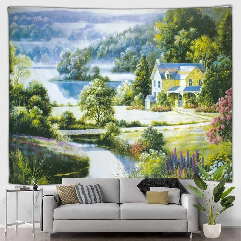 Gobelin leśny wodospad krajobraz zewnętrzny piękny las obraz olejny wiszący na ścianie dekoracyjny koc sztuka salon mural