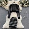Süßes Mädchen Elegantes gestricktes 3-teiliges Set für Frauen Kurze Strickjacke Niedliche Weste Minirock Weiblicher Vintage Hohe Taille Plaid Partyanzug
