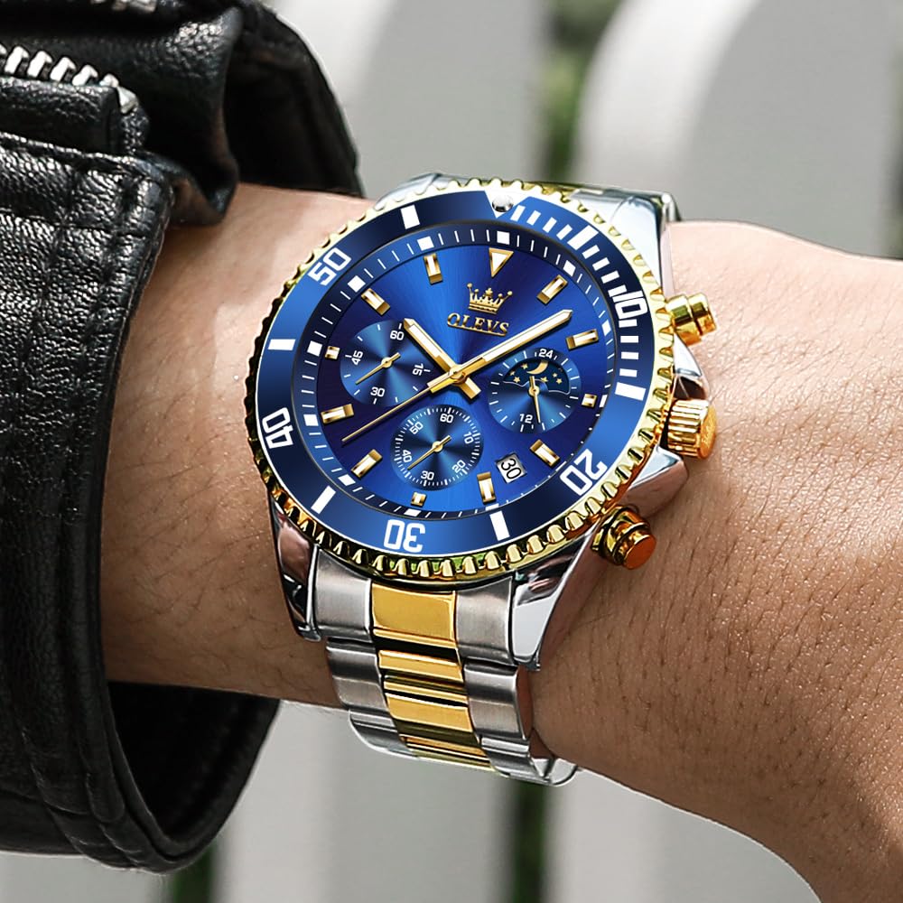 OLEVS Men's Watch Stylish Black Popular Waterproof Quartz Analog Chronograph Stainless Steel Metal Band Simple Easy-to-Read Business Casual Fashion