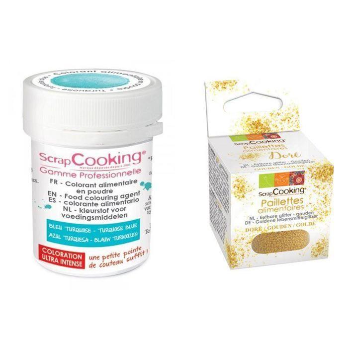 Colorant alimentaire en poudre turquoise + paillettes dorées