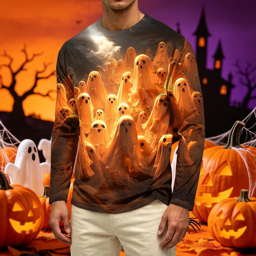 Men's Long Sleeve Casual T Shirt Crew Neck Haunted House Print Halloween Theme Graphic Tee Comfortable Fit