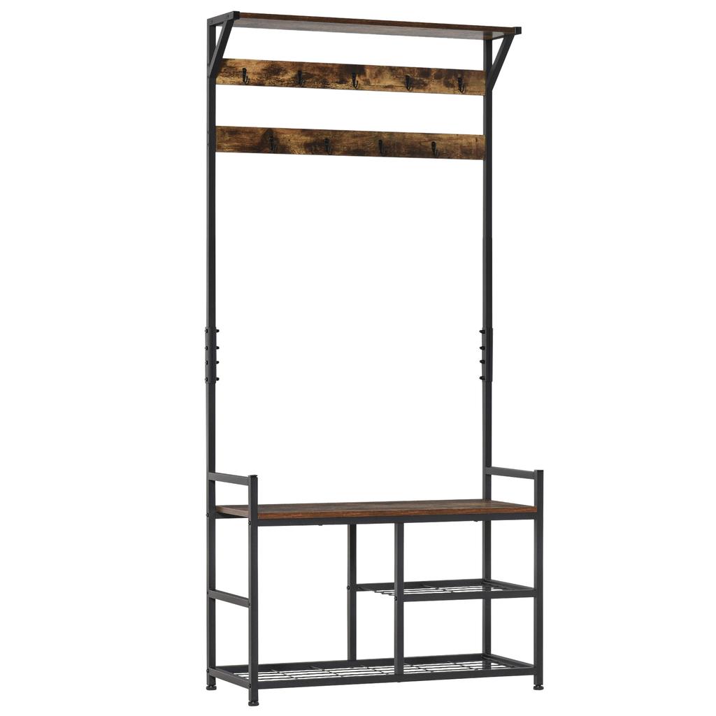 Coat Rack Stand Shoe Storage Bench with 9 Hooks Shelves for Bedroom Living Room Entryway Brown and Black 180cm