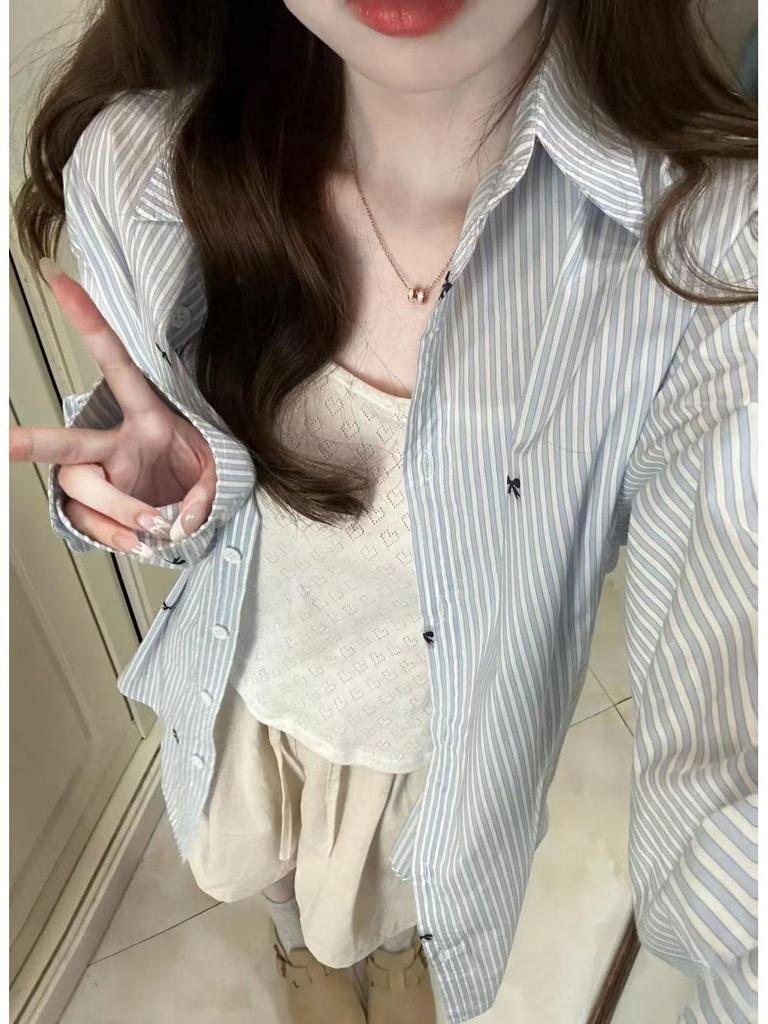Women's Blue & White Striped Long-Sleeve Bow Print Shirt - Mid-Length, Unique Design, Early Autumn, Stylish Sun Protection Top