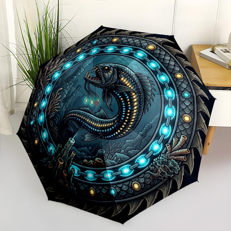 Underwater Serpent Emblem Pattern Umbrella, Portable and Foldable Design, 8 Ribs, a Casual Accessory for Halloween, Christmas, and Birthday Gifts.