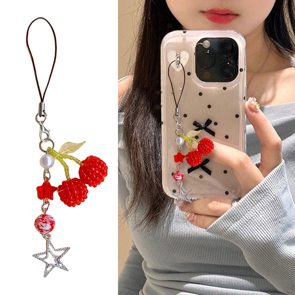 Cherry Cellphone Chain Colorful Beaded Keychain Handmade Detachable Phone Lanyard Pendant Ornament for Wallet Bag