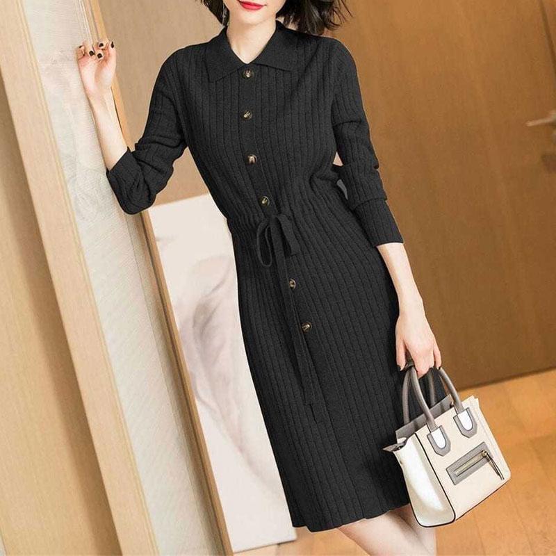 Vintage Basic Solid Color Knitted Midi Dress Autumn Winter Turn-down Collar Button Female Clothing Fashion Drawstring Dresses