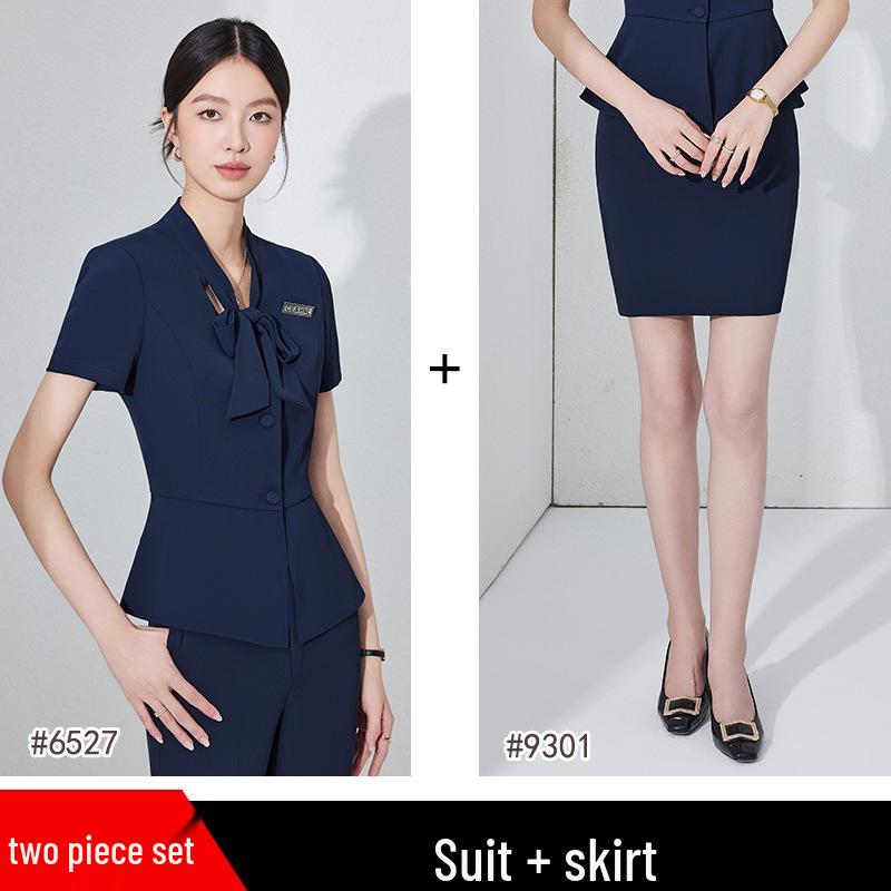 Women's Thin Dark Blue Short-Sleeve Suit Set - Summer Hotel Front Desk, Lobby Manager, Jewelry Store Uniform
