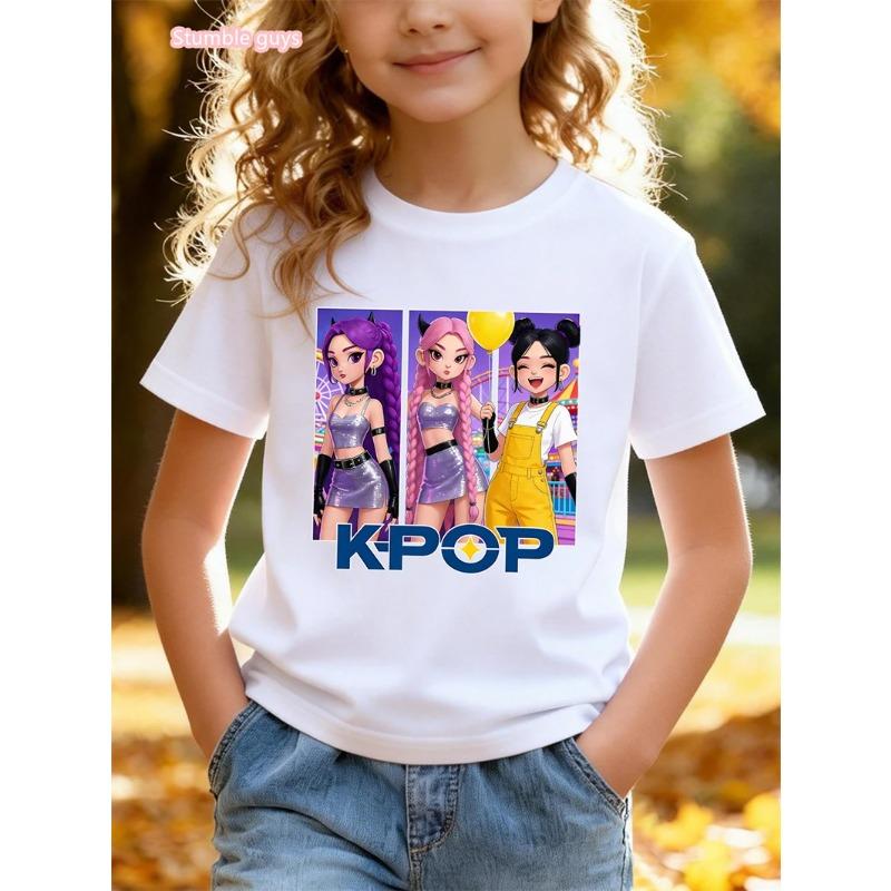 Summer Casual Girls Anime T-Shirt Cute Kpop Idol Print Short Sleeve Soft Cartton Anime Clothes Fashion Kids Tee Tops