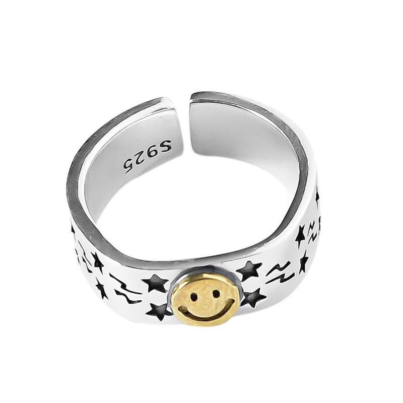 Elegant Smiley Retro Face Star Twisted Stripe Ring In 925 Pure Silver For Chic Womens Accessories And Gifts