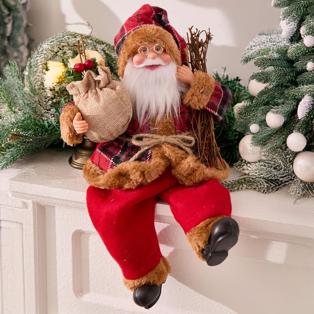 Sitting Santa Claus Christmas Figurine 33cm Tall Holiday Tabletop Decoration Indoor New Year Gift Decor