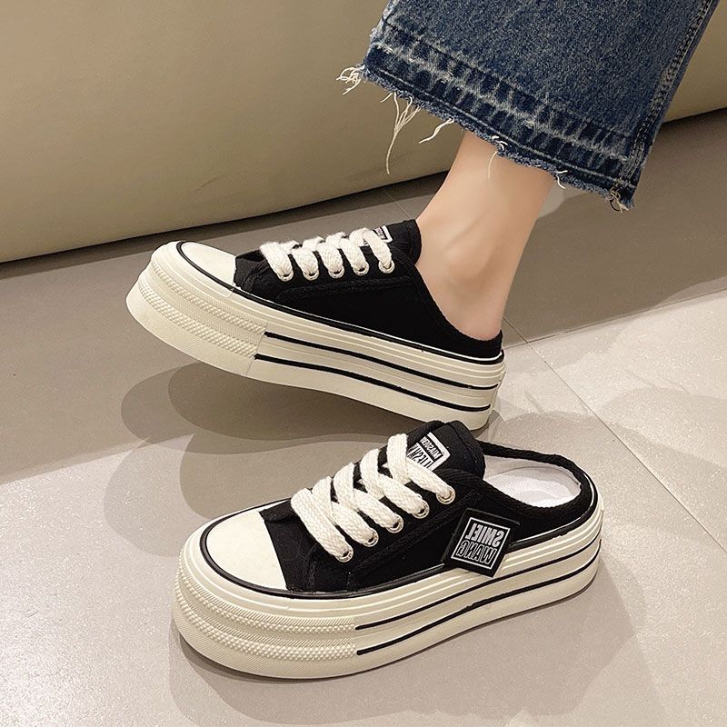 Baotou half slippers for women to wear a new versatile heel-less pedal thick-soled canvas cool slippers 2025