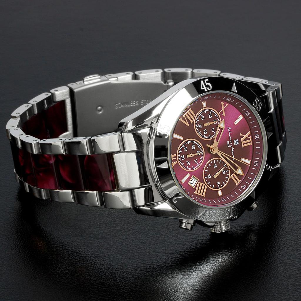 Salvatore Marra Chronograph Uhr mit Acetat und Roségold Zweifarbigen Armband, Silber, Lila, Gold, SM23105-SSPLPG