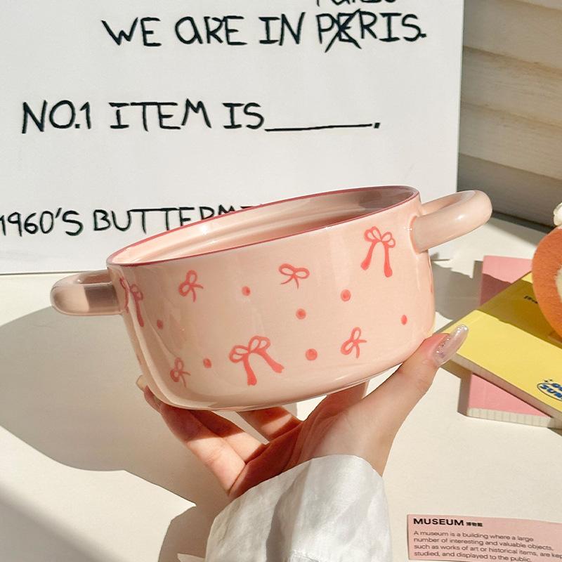Girl's Heart Bow Binaural Ceramic Instant Noodle Bowl Student Dormitory Rice Bowl Large Capacity Microwave Oven Snail Powder Bowl