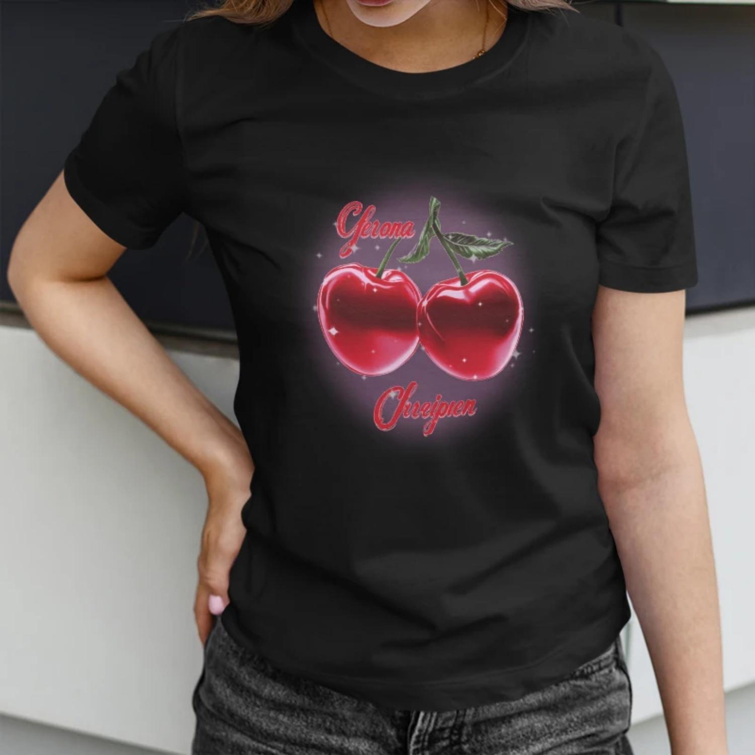 Women s Short Sleeve T Shirt Sweet with Juicy Cherry Print S чёрный