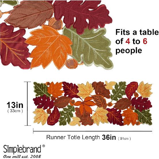 Simplebrand Harvest Fall Table Runner 36 Inches Long for Thanksgiving, Cutwork with Applique Embroidered Maple Leaves Dresser Scarf Table Topper for