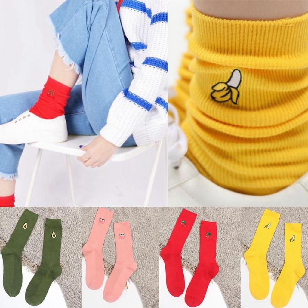 Cartoon Fruit Embroidery Hosiery Warm Soft Cotton Elastic High Knitting Socks EMA