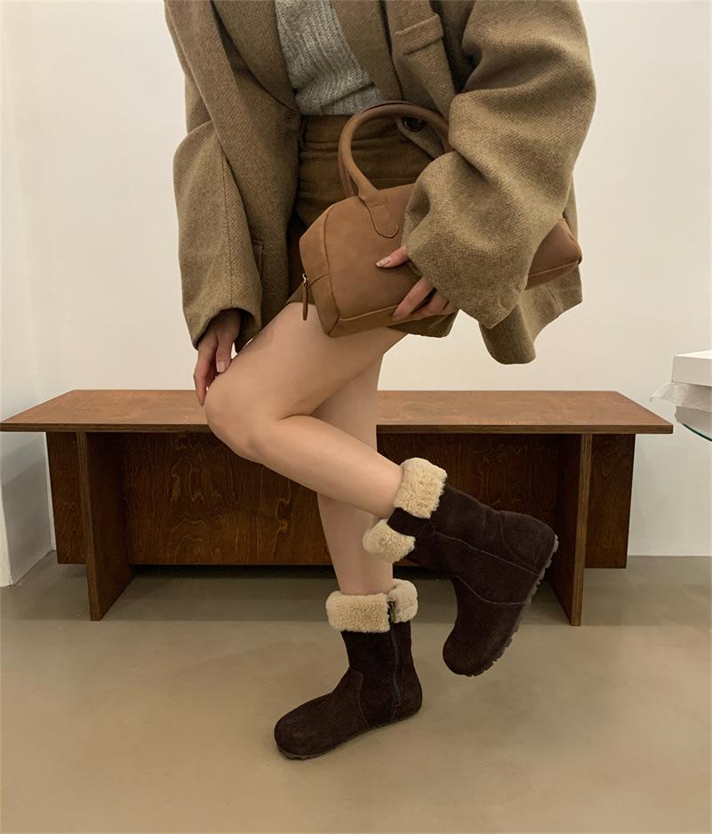 

2025 autumn and winter round head flat bottom thin short boots women s retro fur versatile temperament Martin boots 40 темно-коричневого