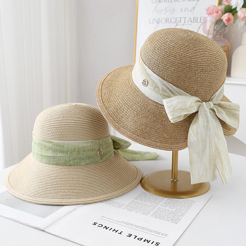 Elegant Webbing Big Eaves Sunshade Straw Hat Women's Summer Leisure Versatile Sunscreen Basin Hat Vacation Bucket Hat