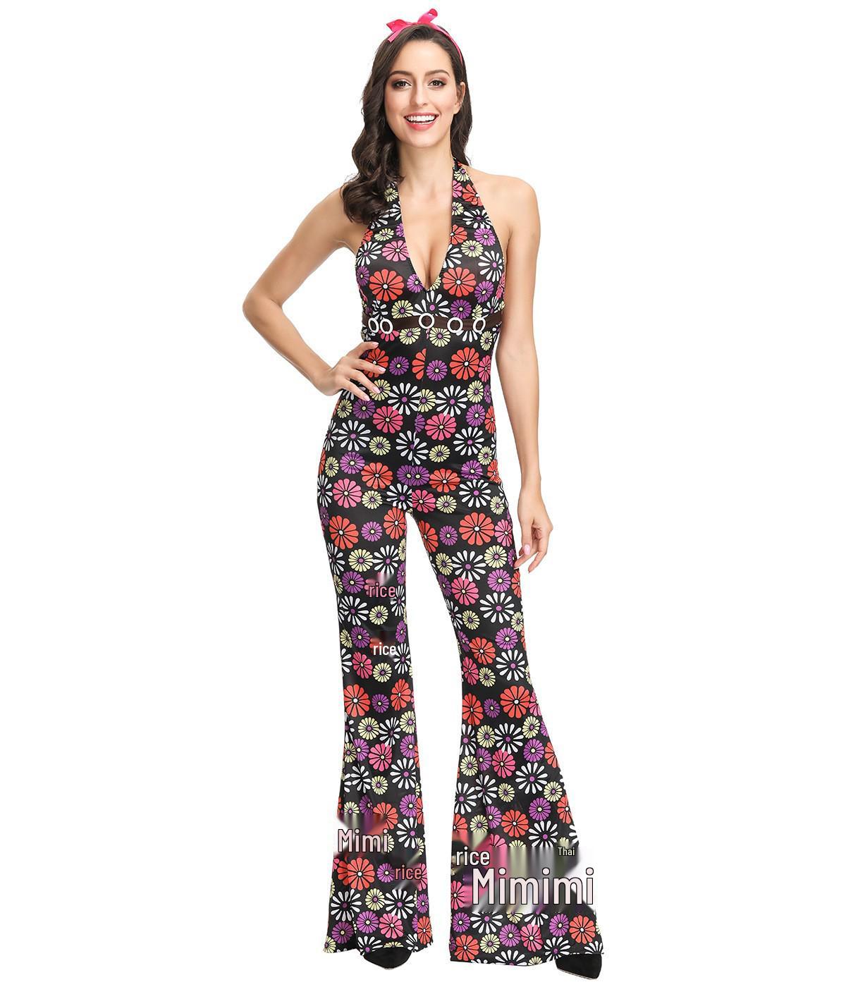 70s Disco Hippie Halloween Jumpsuit Costume for Couples M