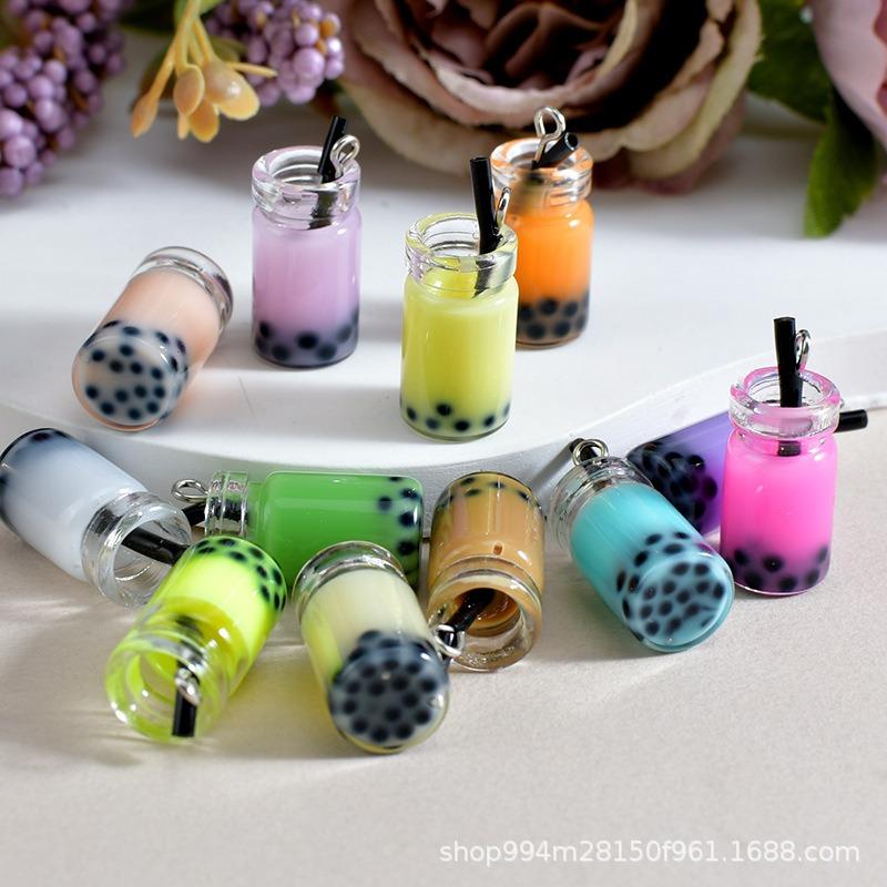 Handwerk Mini Boba Milchtee Flaschenanhänger 3D Glas Schlüsselanhänger Handyhülle DIY Kawaii Accessoires