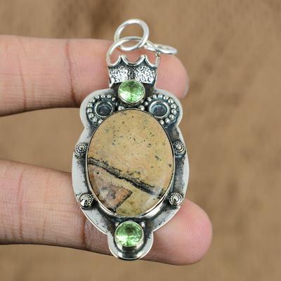 Sterling Silver Oval Natural Picasso Jasper Peridot Artisan Engagement Pendant