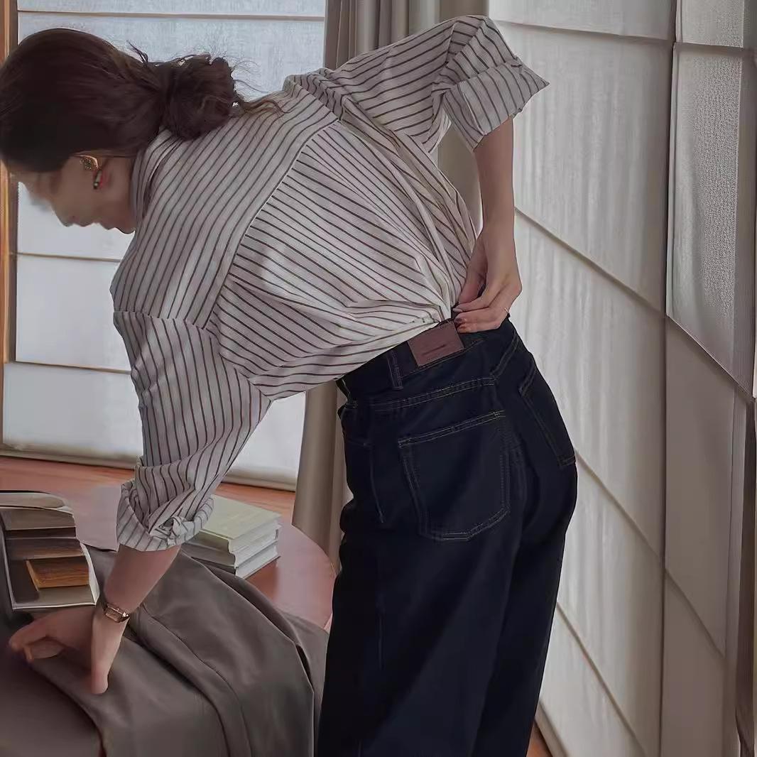 

Женская шикарная французская рубашка с длинным рукавом в вертикальную полоску - стиль ретро Гонконг 2XL