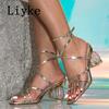 Fashion Liyke 2025 New Fashion Ankle Buckle Strap Gold Sandals Women Narrow Band Square Toe Crystal Strange High Heels Party Prom Shoes