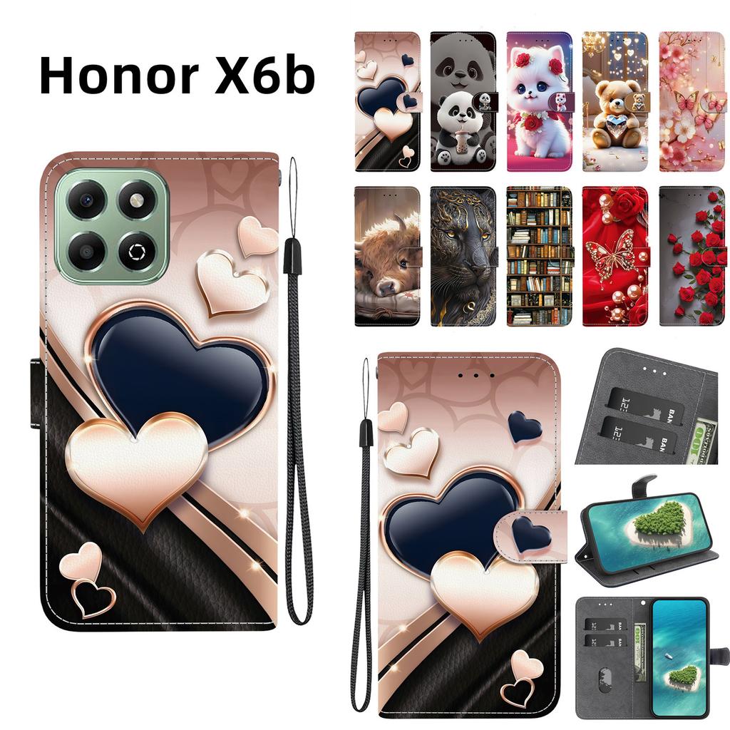Handmade PU Leather Flip Case for Honor X6b Anti-Slip Shockproof Cover with Wrist Strap & Heart/Rose Cat Designs