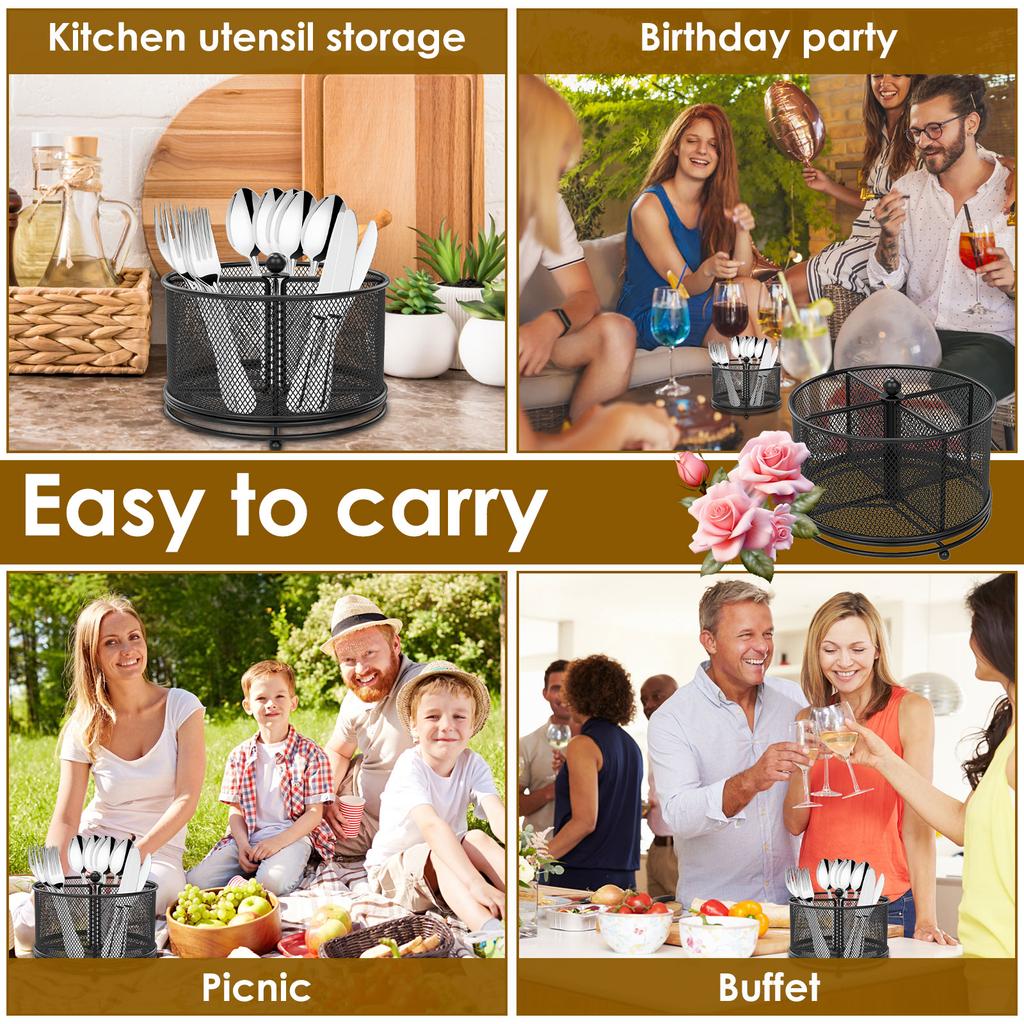 360°Rotating Utensil Caddy Kitchen Utensil Holder 6.7×6.7×5.1 Inch Metal Utensil Organizer 4-Compartment Metal Utensil Caddy