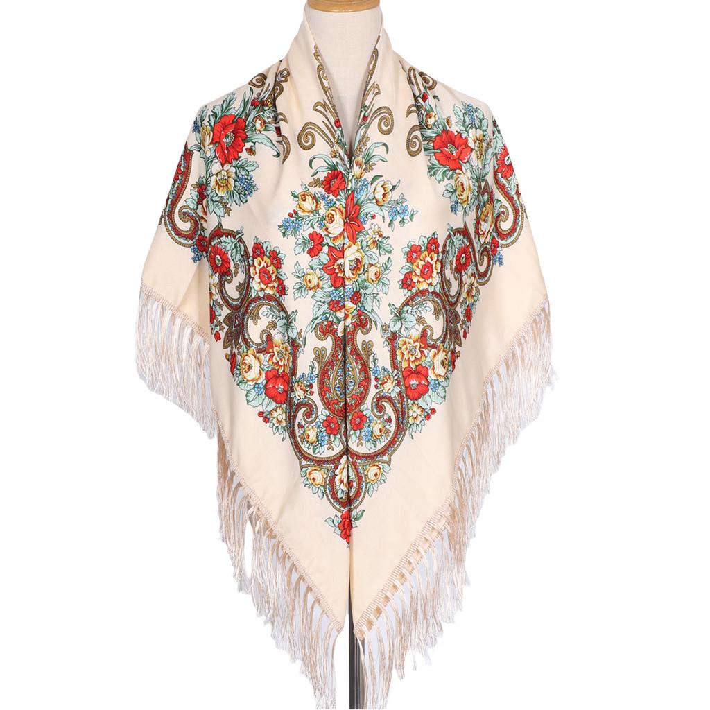 130*130cm Women Luxury Floral Print Square Scarves Russian National Fringed Shawl Traditional Ukrainian Babushka Head Wraps