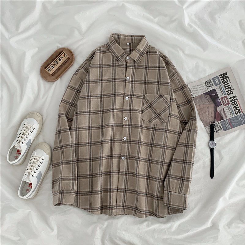 HNXC Plaid Shirt for Women, Long-sleeved, Retro, Loose, Large-sized, Spring Outerwear for Students
