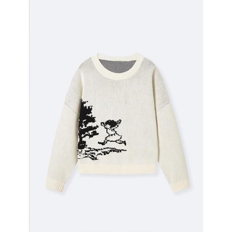 Winter Cartoon Harajuku Style Pullover Sweater Loose Fit Round Neck Knit Top Women