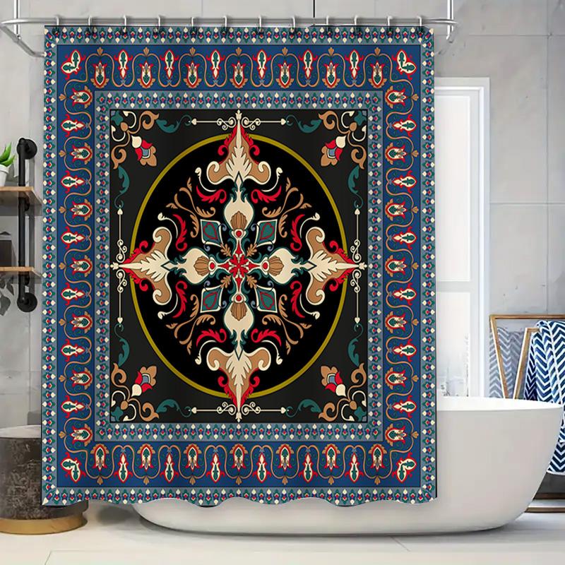

Colorful Floral Shower Curtain With Decorative Borders Black, Red, Blue, Gold Bath Linen Decoration Home Bathroom Accessories Fo W60H190(CM)-1 Pcs