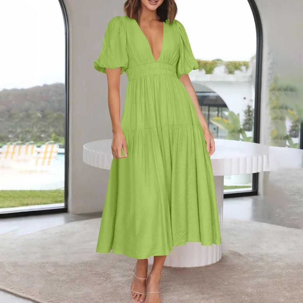 Puff Sleeve Vacation Dress For Women Summer  Deep V Neck Casual Short Sleeve A-Line Maxi Dresses
