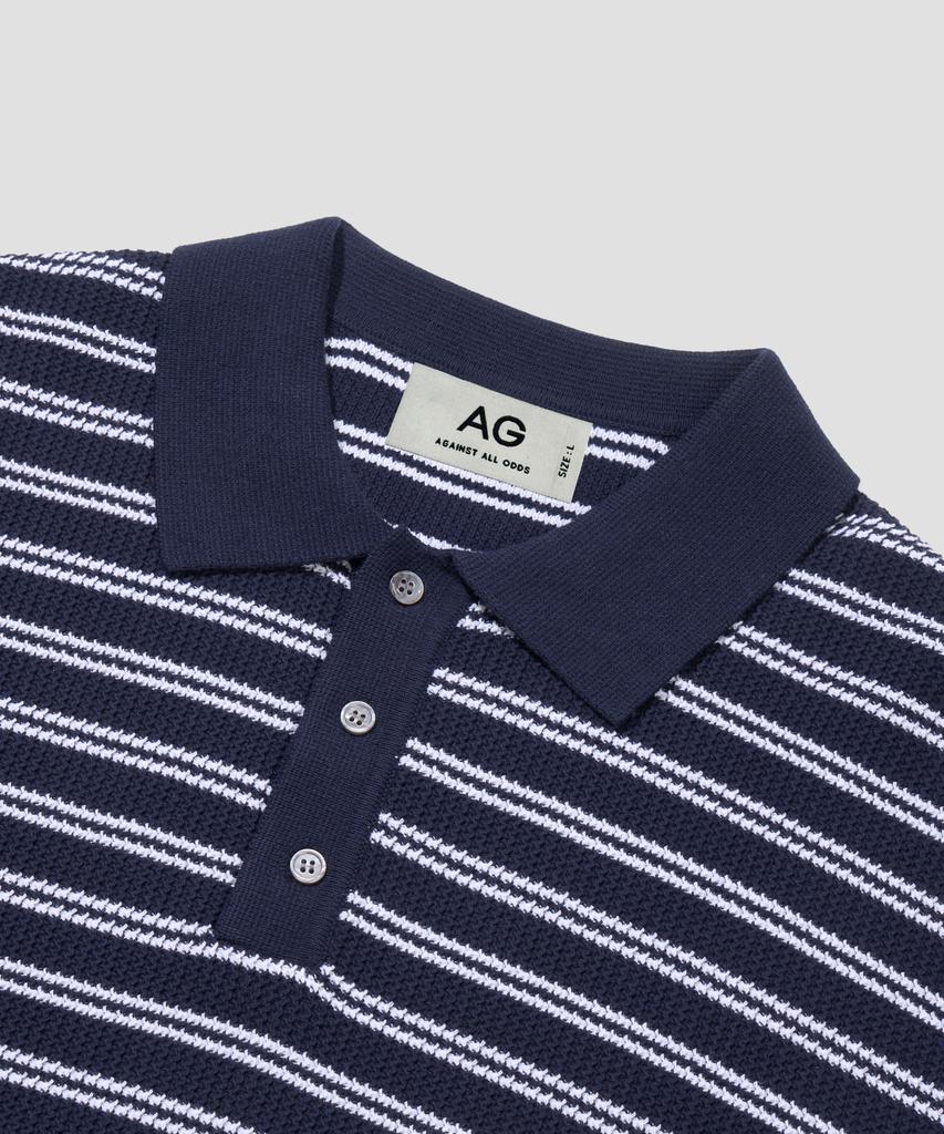AGOD Collar Button Stripe Half Knit [Navy]